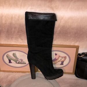 Sondra Roberts 11 Black Suede High Pull on Mid Zip Boots Pumps Stacked Heel